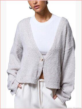 Deep V Neck Fuzzy Cardigan Drop Shoulder Long Sleeve Oversized Knitted Sweater